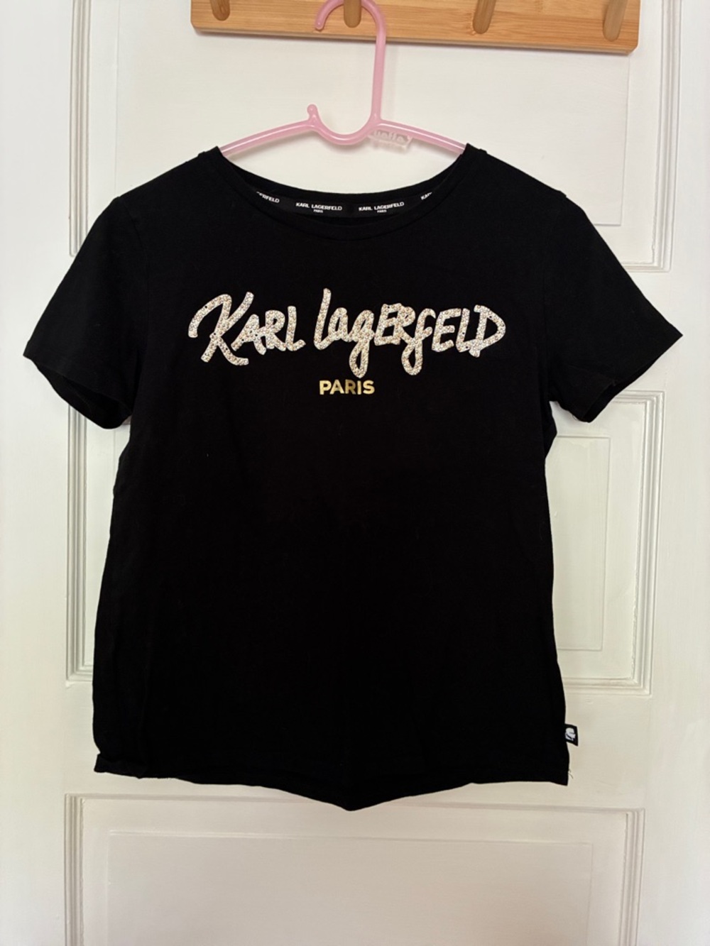 Karl Lagerfeld Black Tee with Glitter Logo and Gold PARIS Accent